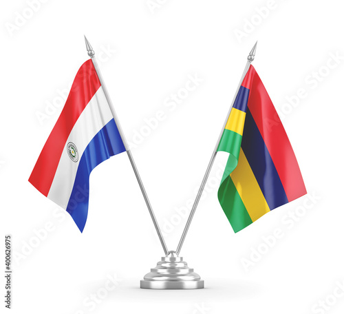 Mauritius and Paraguay table flags isolated on white 3D rendering