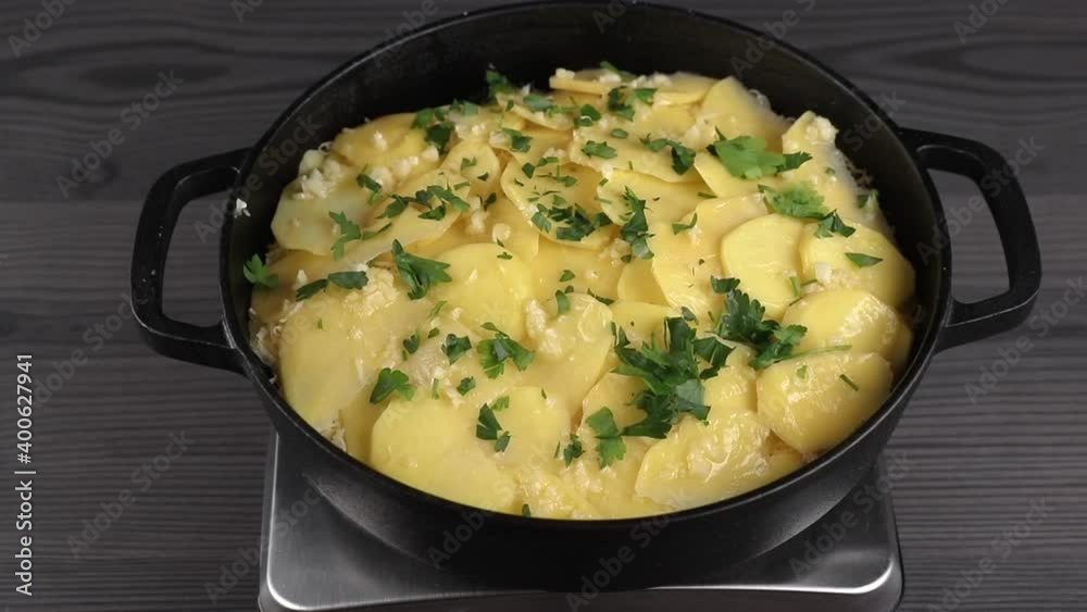 putting pan with sliced potatoes and parsley on the electric stove, side view putting pan with sliced potatoes and parsley on the electric stove, side view