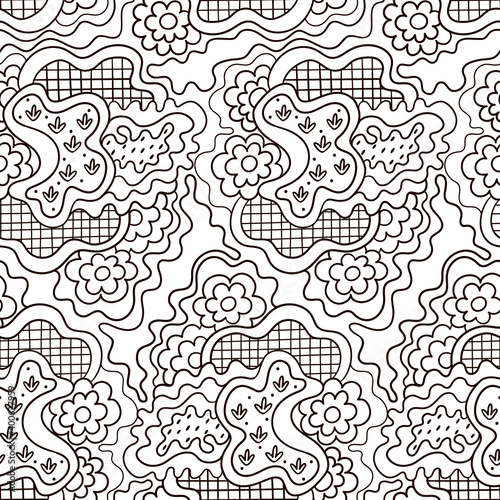 Doodle seamless pattern in hand-drawn style. Black and white. Great for anti stress coloring pages