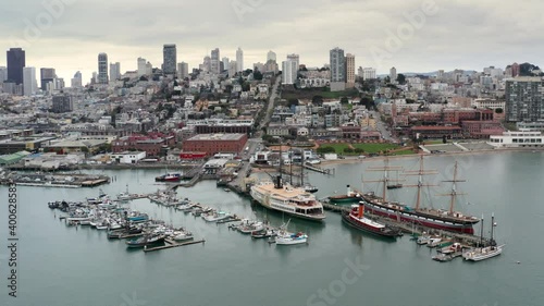 San Francisco, USA. Aerial view of Pacific bay with cityscape in the background. Docks neighborhood at suburbs of San Francisco. High quality 4k footage photo