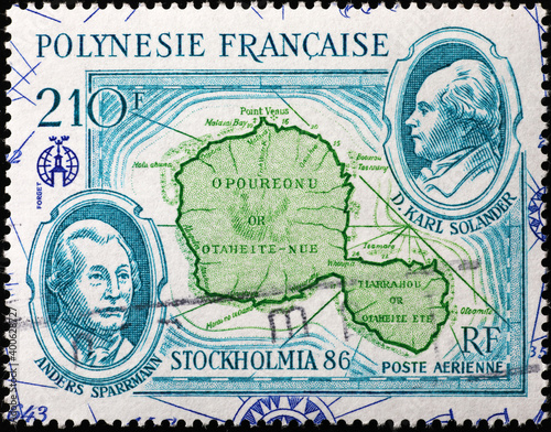 Ancient map of Tahiti on polynesian postage stamp