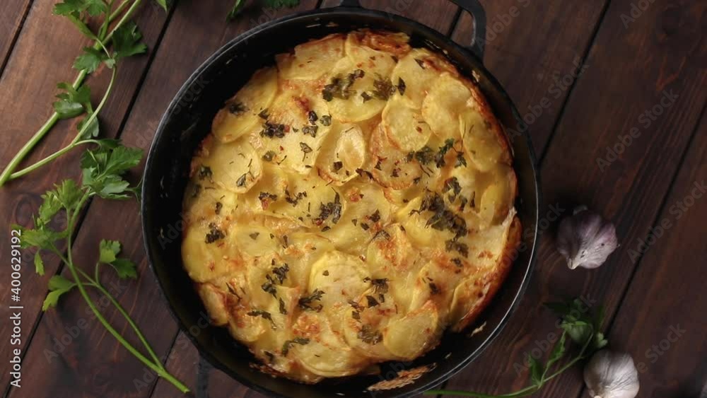 fried potato with parsley rotating in the frying pan on wooden background, top view