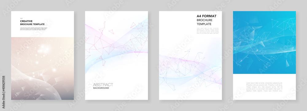 A4 brochure layout of covers templates for flyer leaflet, A4 brochure design, report, presentation, magazine cover, book design. Wave flow background for science or medical concept design.
