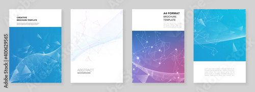 A4 brochure layout of covers design templates for flyer leaflet, A4 brochure design, report, presentation, magazine cover, book design. Polygonal science background with connecting dots and lines.