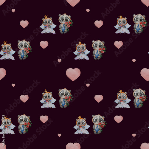 Seamless patterns. Couple of cute panda bears. The groom with a bouquet of flowers and the bride in a veil on a dark background with hearts. Watercolor. Hand drawing for design, textile, decoration