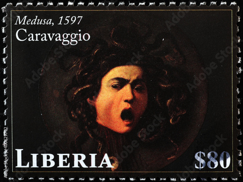 Head of Medusa by Caravaggio on postage stamp photo