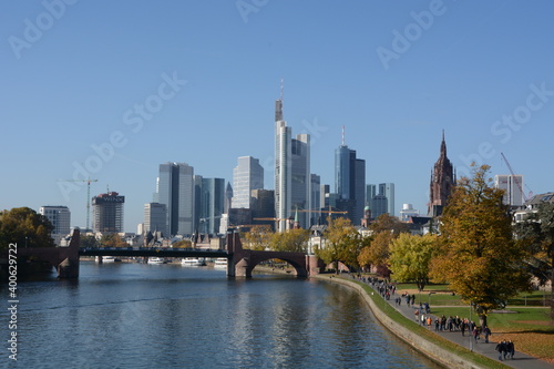 Panoramic view on Frankfurts Skyline  seen from a bridge over the river Main  Frankfurt  Germany