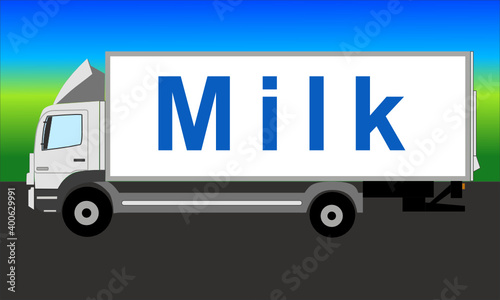 Nach links gerichteter weißer Lkw auf einer Straße mit der Aufschrift Milk und blau grünem Hintergrund mit Farbverlauf