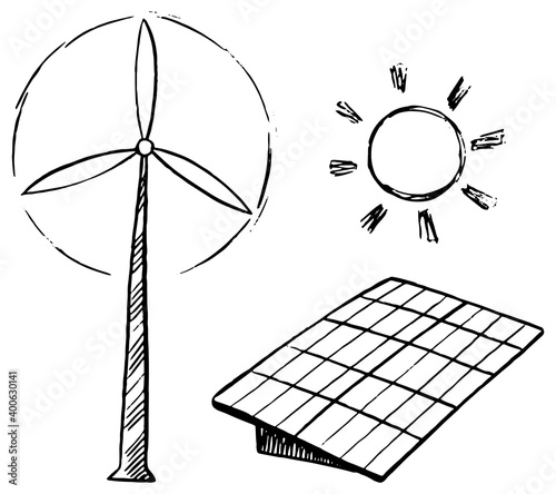 Green energy doodles set. Wind and solar energy. Hand drawn vector ecology illustration. Black drawing isolated on white. Sketch style, single picture for design, print, card, poster, sticker, banner.