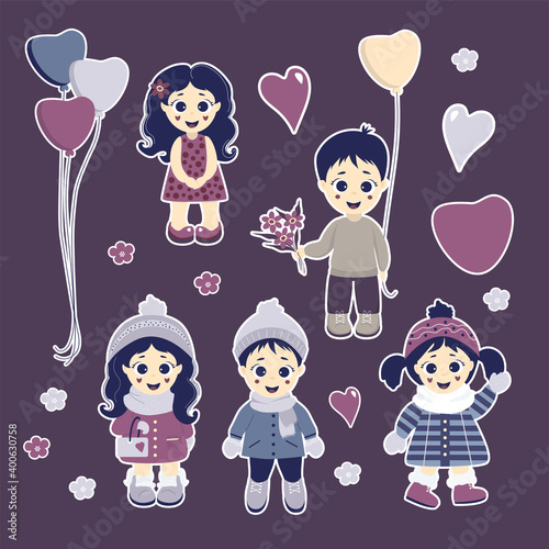 Fototapeta Naklejka Na Ścianę i Meble -  A set of stickers. Lovely children - boys and girls in winter and summer clothes. Items - balloons, flowers, hearts and daisies. Vector illustration. Kids collection for design, decoration and decor