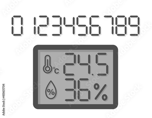 Display of an electronic device. Font with numbers from 0 to 9. Icons for temperature and humidity indicators. Hygrometer and thermometer. flat vector illustration. isolated on a white background.