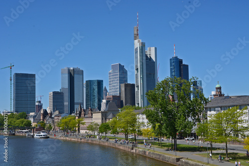 Panoramic view on Frankfurts Skyline  seen from a bridge over the river Main  Frankfurt  Germany