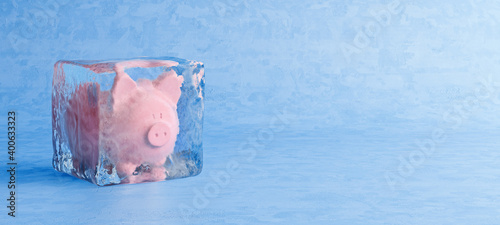 Pink piggy bank frozen in ice cube, frozen account concept, cold blue ice background, 3D Render, 3D Illustration