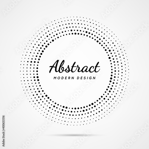Circular dot frame. Circle border with effect halftone. Modern faded ring. Semitone shape round. Point sphere boarder. Dotted geometric pattern. Graphic small dots element for design prints. Vector