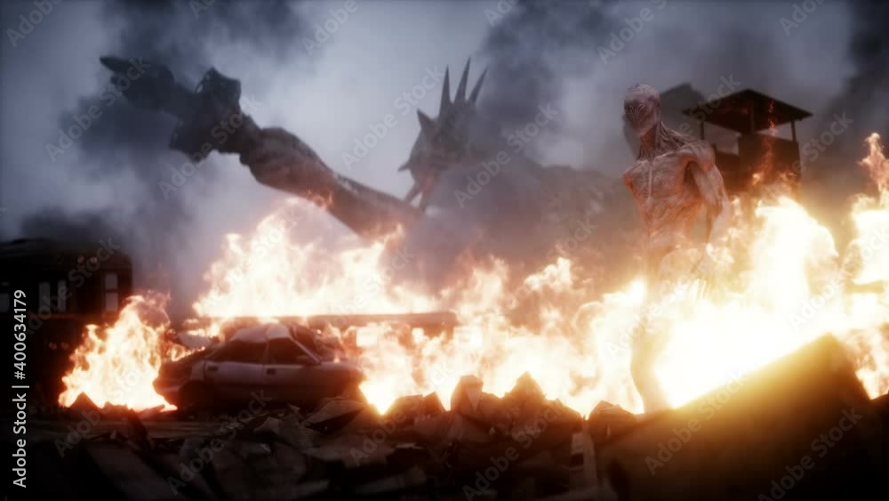 Alien, monster in a burning ruined apocalyptic city. Armageddon america view. Realistic fire simulation. Postapocalyptic 4k anumation.