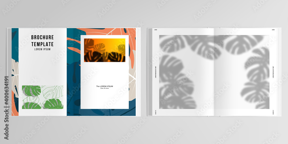Naklejka premium 3d realistic vector layout of cover mockup design templates for A4 bifold brochure, flyer, cover design, book. Tropical palm leaves, shadow of tropical jungle leaves. Floral pattern backgrounds.
