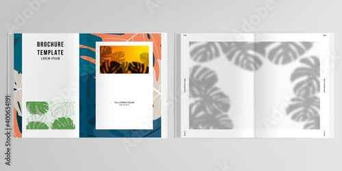 3d realistic vector layout of cover mockup design templates for A4 bifold brochure  flyer  cover design  book. Tropical palm leaves  shadow of tropical jungle leaves. Floral pattern backgrounds.