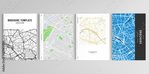 Realistic vector layouts of cover mockup design templates in A4 format with urban city map of Paris for brochure, cover design, flyer, book design, magazine, poster.