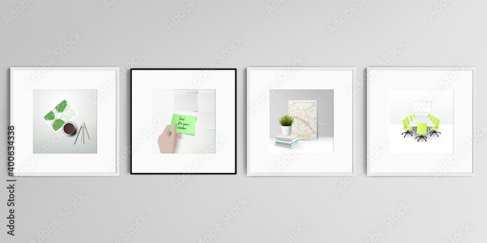 Fototapeta premium Realistic vector set of square picture frames isolated on gray background. Home office concept, study or freelance, working from home.