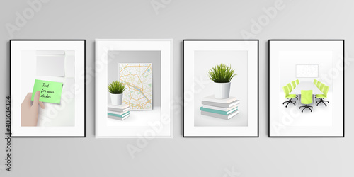 Realistic vector set of picture frames in A4 format isolated on gray background. Home office concept, study or freelance, working from home.