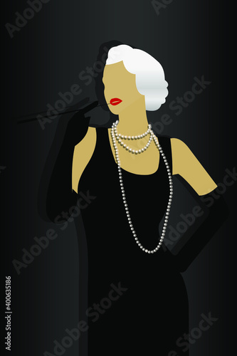 A slim blonde woman smokes a cigar from a pipe in a small black dress, pearl beads and 1920s-style gloves. Retro style. Vector illustration.
