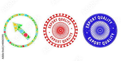 Up-left rounded arrow composition of New Year symbols, such as stars, fir-trees, multicolored spheres, and EXPORT QUALITY textured stamp seals. Vector EXPORT QUALITY seals uses guilloche pattern,