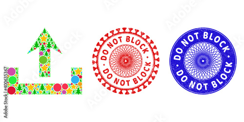 Upload mosaic of Christmas symbols, such as stars, fir-trees, bright round items, and DO NOT BLOCK textured stamp prints. Vector DO NOT BLOCK stamp seals uses guilloche ornament,