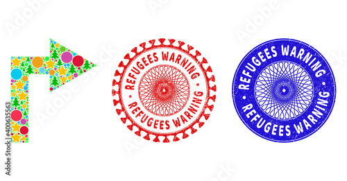 Turn right composition of Christmas symbols, such as stars, fir-trees, colored round items, and REFUGEES WARNING scratched stamp seals. Vector REFUGEES WARNING stamp seals uses guilloche ornament,