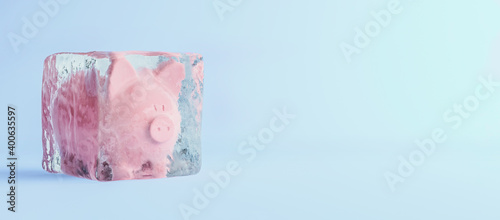 Pink piggy bank frozen in ice cube, frozen account concept, flat blue background, 3D Render, 3D Illustration
