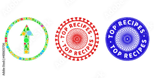 Up rounded arrow collage of New Year symbols, such as stars, fir-trees, colored spheres, and TOP RECIPES scratched stamp imitations. Vector TOP RECIPES stamps uses guilloche pattern,