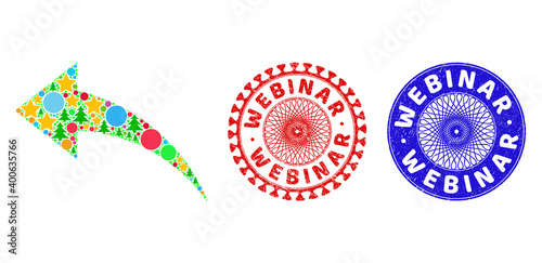 Undo composition of Christmas symbols, such as stars, fir-trees, color round items, and WEBINAR rough stamps. Vector WEBINAR stamps uses guilloche ornament, designed in red and blue colors. Stars,