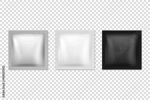 Vector 3d Realistic Foil, White, Black Square Blank Packaging Icon Set Closeup Isolated. Coffee, Tea, Salt, Sugar, Spices, Wet Wipes Wrapper, Sachet. Design Template of Packing for Mockup. Top View