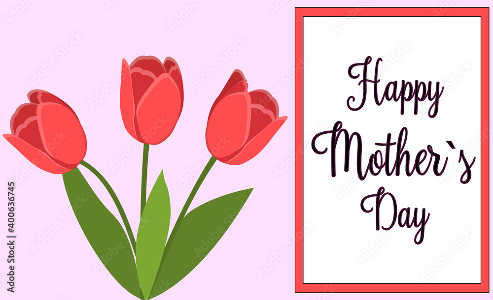 Happy Mother's Day. Bouquet of tulips. Greeting card. Red flowers. Congratulatory signature. illustration Happy Mother's Day. Bouquet of tulips. Greeting card. Red flowers. Congratulatory signature. illustration