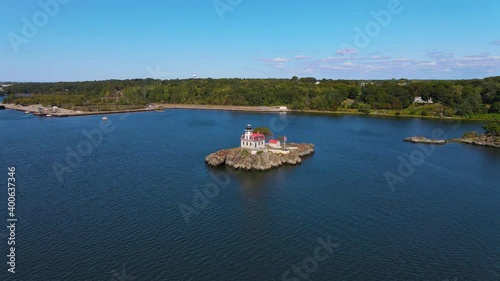 Aerial view of Pomham Rocks Lighthouse on Providence River near Narragansett Bay in East Providence, Rhode Island RI, USA. 
