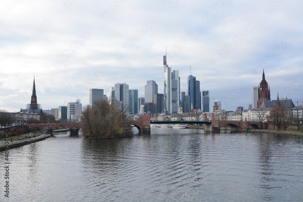 View on Frankfurts Skyline, seen from a bridge over the river Main