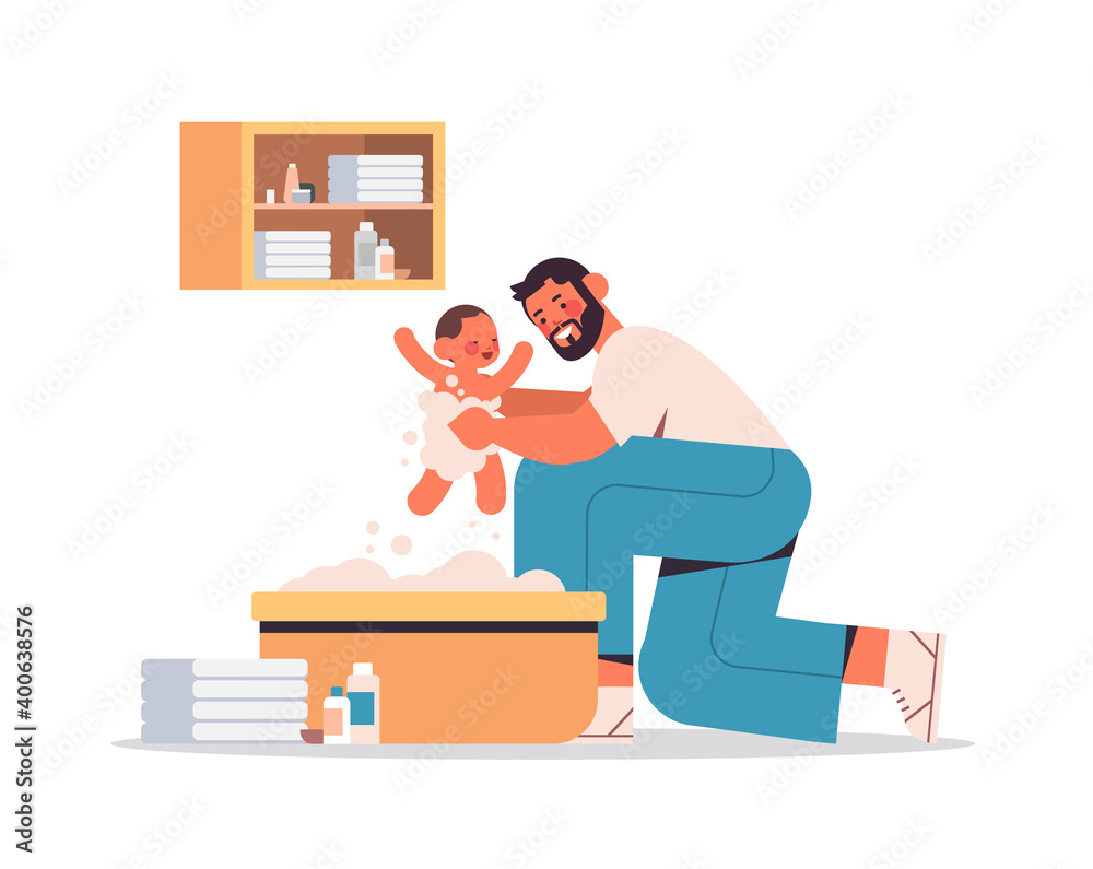 young father bathing little son in small bath tub fatherhood concept dad spending time with his kid full length horizontal vector illustration