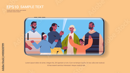 multigenerational african american family using selfie stick taking photo on camera smartphone screen copy space horizontal portrait vector illustration