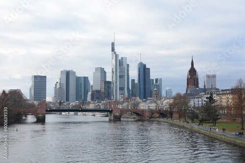 View on Frankfurts Skyline, seen from a bridge over the river Main