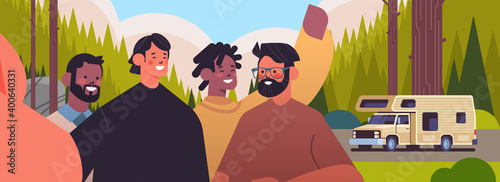 mix race guys taking selfie on smartphone camera happy men making self photo near camping trailer campsite landscape background horizontal portrait vector illustration