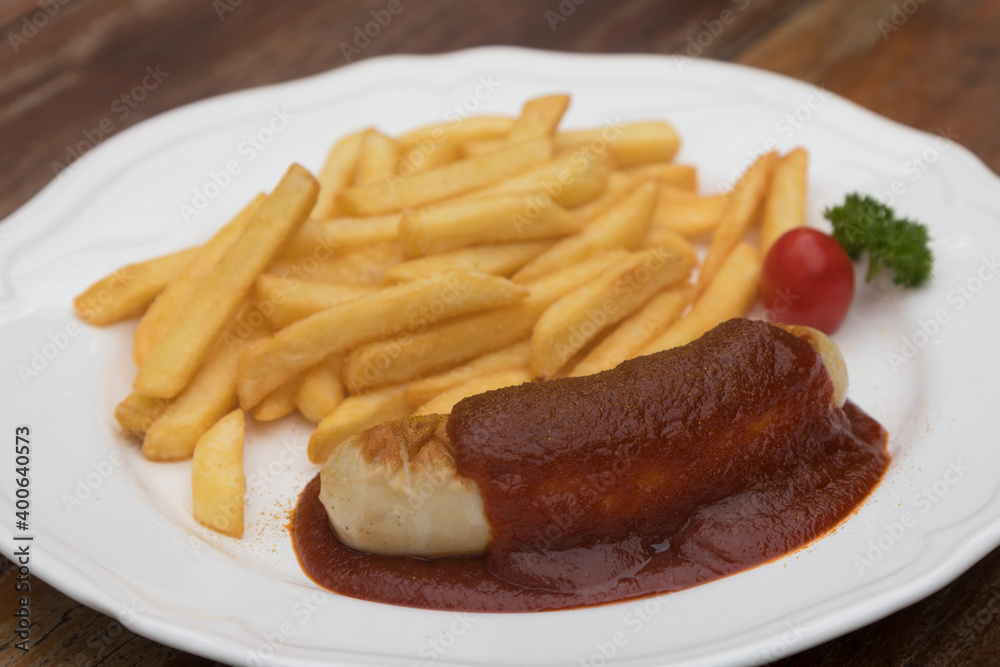 Currywurst, Berlin style grilled sausage served with ketchup and curry sauce
