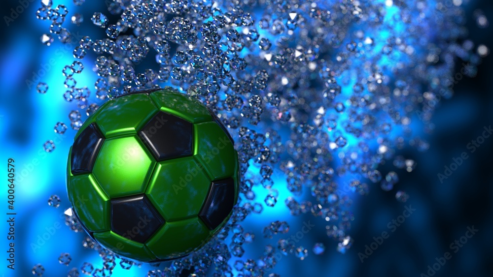 Fototapeta premium Green-Black Soccer Ball with diamond particles under blue flare lighting. 3D illustration. 3D CG. 3D high quality rendering.