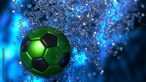 Green-Black Soccer Ball with diamond particles under blue flare lighting. 3D illustration. 3D CG. 3D high quality rendering.