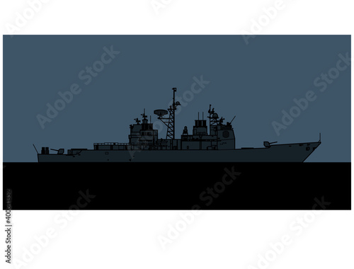 US Navy Ticonderoga class guided missile cruiser. Vector image for illustrations and infographics.