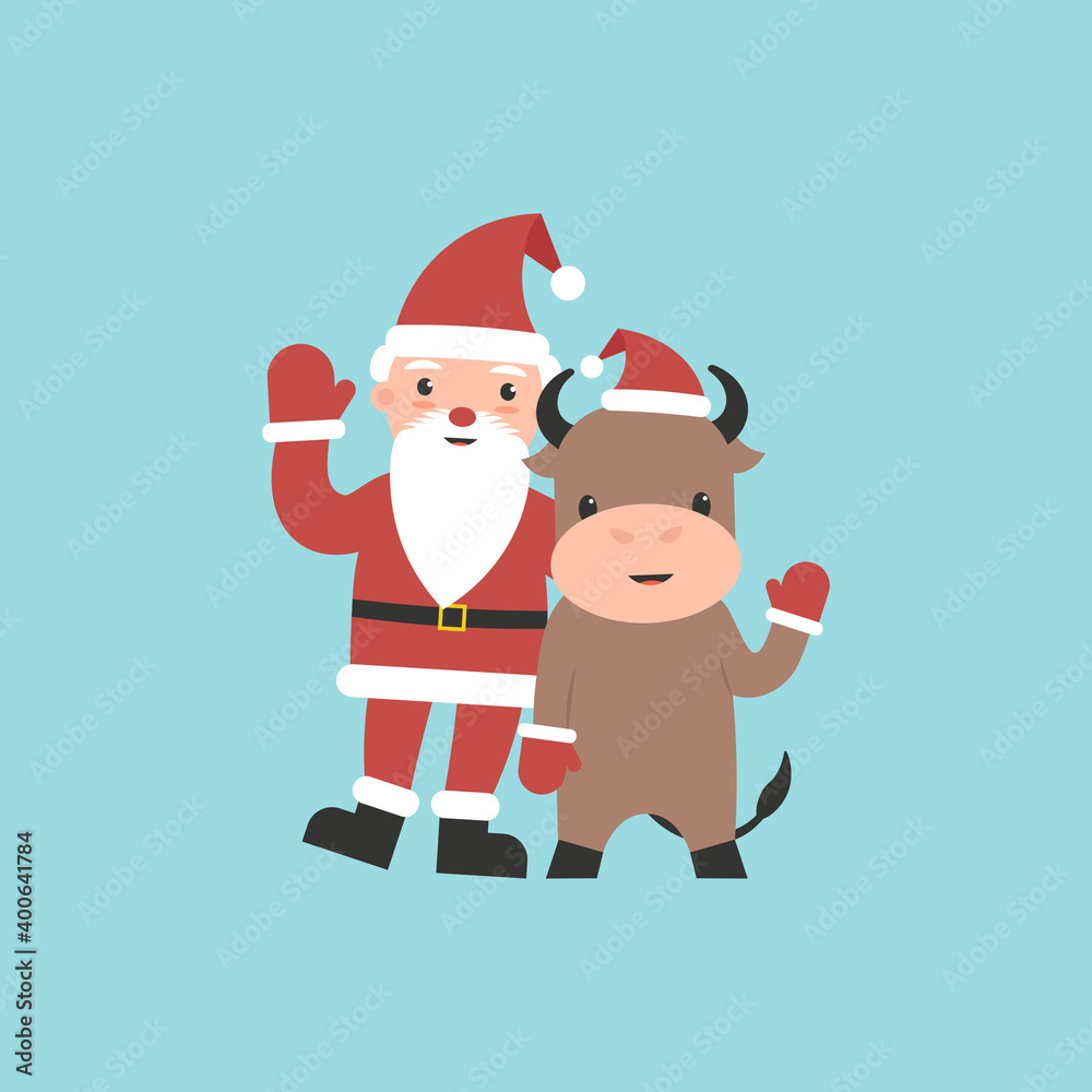 Character bull and Grandfather Frost waving hands. Xmas and New Year cute symbol isolated background. Flat vector cartoon modern illustration. Character bull and Grandfather Frost waving hands. Xmas and New Year cute symbol isolated background. Flat vector cartoon modern illustration.