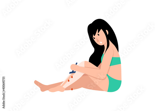 Woman removing and shaving leg hair and hurt result from having. Bleeding after a razor. Flat vector cartoon illustration.
