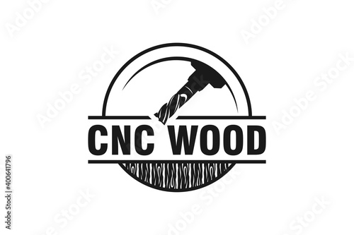 CNC machine wood logo icon, industrial carpenter symbol drill logo.