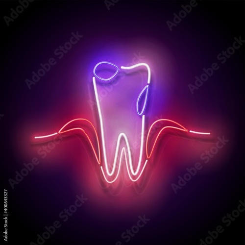 Glow Tooth with Caries and Inflamed Gum. Dentist Clinic Concept Template. Neon Light Poster, Flyer, Banner, Signboard. Glossy Background. Vector 3d Illustration