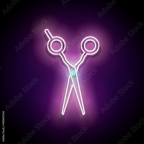 Glow Hairdressing Scissors, Professional Hairstyling Tool. Barbershop, Hairdresser Salon Template. Shiny Neon Light Poster, Flyer, Banner. Glossy Background. Vector 3d Illustration
