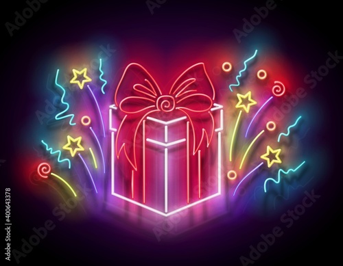 Glow Gift Box with Beautiful Bow. Sale Flyer, Happy Birthday Greeting Card. Shiny Neon Light Template for Poster, Banner, Invitation. Glossy Background. Vector 3d Illustration