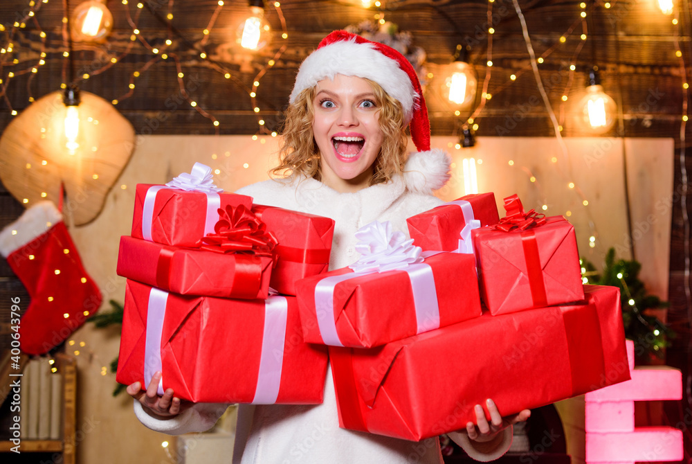 Give and receive. Pick perfect gift. Peace and joy sold here. Gift shop. Holiday hustle and bustle. Tips how to save money on christmas shopping. Preparing surprise. Happy woman hold gift boxes Give and receive. Pick perfect gift. Peace and joy sold here. Gift shop. Holiday hustle and bustle. Tips how to save money on christmas shopping. Preparing surprise. Happy woman hold gift boxes